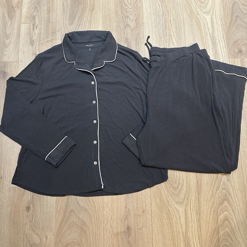 Cozy Earth Women's Bamboo Rib Knit Collared Button-Up Pajama Set 2XL Gray - Picture 2 of 8